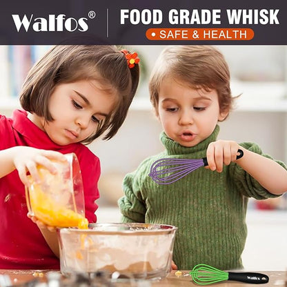 Walfos Whisk,5+7Inch Mini Whisks,Silicone Whisk Non Scratch whisk,Heat Resistant(480°F) Small whisks Suitable for stirring individual eggs and mixing small amounts of powder and sauce. Purple & Green