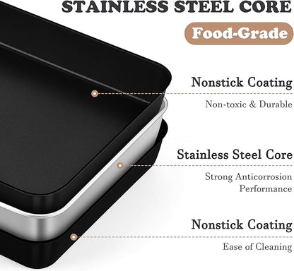E-far 12.5 x 9.7 Inch Baking Pan, Nonstick Stainless Steel Rectangle Cake Pan for Baking Brownies Casseroles Lasagna, Stainless Steel Core & Nonstick Coating, Non-toxic & Oven Safe