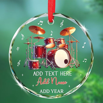 Personalized Drum Glass Ornament Gift for Band Drummer, Musical Instrument Ornament Christmas 2025, Custom Text & Name Drum Player Xmas Glass Keepsake, Instrument Lover Ornaments Christmas Tree Decor