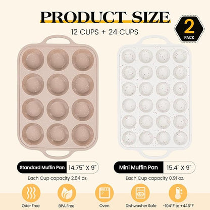 Vinino 2Packs Silicone Muffin Pans for Baking with Metal Reinforced Frame, 12 Cups Regular and 24 Cups Mini Nonstick Cupcake Pan, BPA Free Oven Dishwasher Safe Baking Mold for Muffins Cupcakes