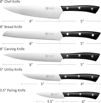 PAUDIN Kitchen Knife Set, 5 Pieces Knives Set for kitchen, Ultra Sharp Kitchen Knives, High Carbon Stainless Steel Knife Set, Precise Cutting with Ergonomic Handle
