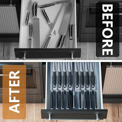 Domax Bamboo In-drawer Knife Block - Knife Drawer Organizer Insert Large Handle Steak Knife Holder, Kitchen Drawer Knife Organizer Fits for 16 knives and 1 Sharpening Steel (Not Included), Gray