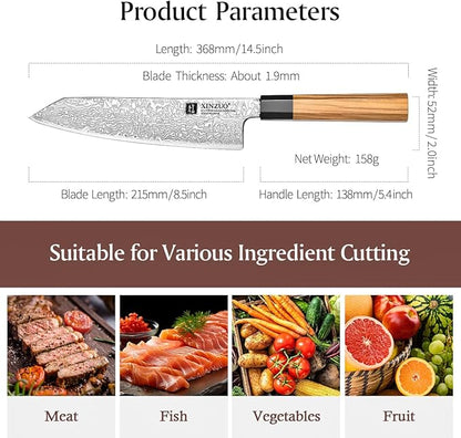 XINZUO 8.5 Inch Japanese Kiritsuke Chef Knife with Sheath, Hand Forged 67 Layers Damascus Steel Kitchen Knife, Ultra Sharp, Japanese Chopping Knife with Olive Wood Octagonal Handle