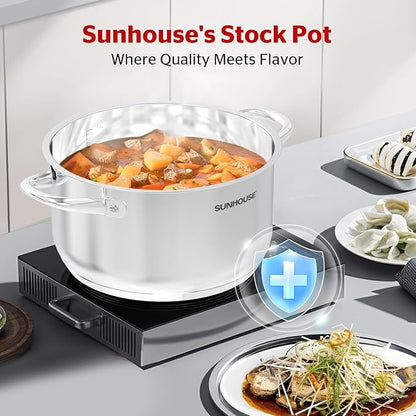 SUNHOUSE Stainless Steel Stock Pot - 11 Quart Heavy-Duty Induction Cooking Pot with Visible Lid for Pasta, Soup, Spaghetti - Nonstick Thick-Bottom Deep Stockpot for Canning, Boiling, and Simmering