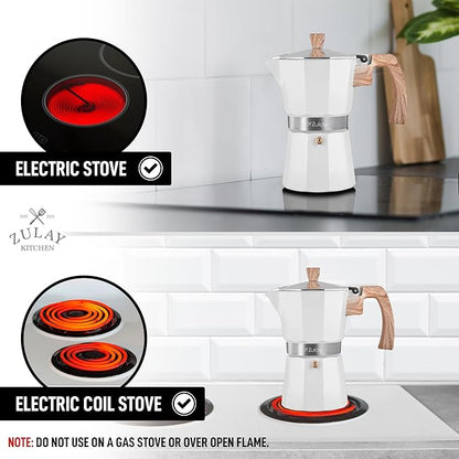 Zulay Kitchen Stovetop Espresso Maker - Moka Pot 6 Espresso Cups - Percolator Coffee Maker for Classic Cuban & Italian Style Espresso - Portable Coffee Maker for Camping & Travel - (White)