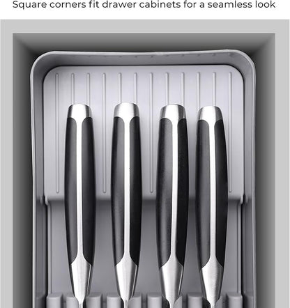 Linoroso Knife Drawer Organizer With In-Drawer Knife Block for 9 Knives, Kitchen Utensil Organizer, BPA Free Secure Storage Tray for Countertop Organization