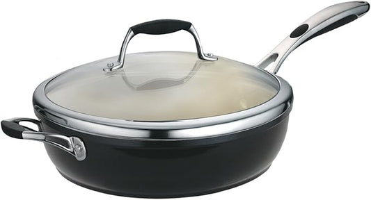 Tramontina Gourmet Ceramica Deluxe Aluminum Deep Skillet with Lid, Non Stick Frying Pan with Ceramic Interior, 11-inch, Metallic Black, Made in Italy