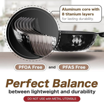 Diamond X Premium Non Stick Wok Pan with Lid - 11" Large Flat Bottom Chinese Wok - Woks & Stir-fry Pans Nonstick - Titanium-Coated 8-Layered Korean Engineered Skillet for Frying, Oil-Free, PFOA-Free