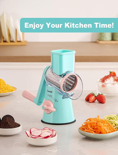 Geedel Rotary Cheese Grater Cheese Shredder - Upgraded 5-in-1 Cheese Grater with Handle and Strong Suction Base, Multi-purpose Vegetable Slicer Ice Shaver Nuts Grinder for Ice, Vegetables, Fruit, Nuts