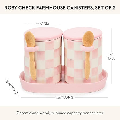 MACKENZIE-CHILDS Set of 2 Ceramic Farmhouse Canisters, Kitchen Storage Containers with Lids, Pink-and-White Rosy Check
