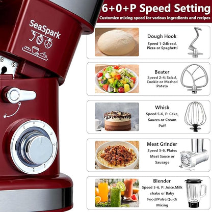 Multifunctional Stand Mixer 6.3Qt 6-Speed Tilt-head, Electric Kitchen Mixer with Stainless Steel Bowl,Meat Grinder, Juice Blender (Red)