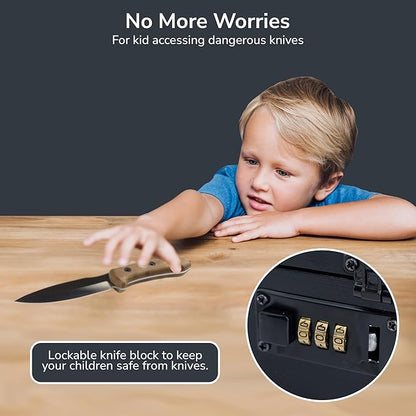 Upgraded Combination Lock Bamboo Locking Kitchen Knife Storage – Secure & Eco-Friendly Wooden Knife Box with Improved Quality, Fits in Drawers & Keeps Knives Safe (Black)