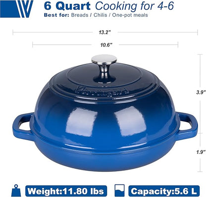 Enameled Cast Iron Dutch Oven Pot with Lid, Bread Oven for Sourdough Bread Baking, Dutch Ovens with Bread Proofing Basket& Baking Supplies Set, 6 Quart, Blue