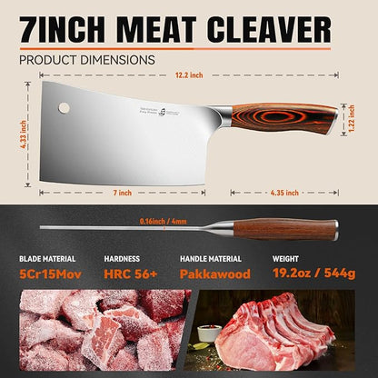 TUO Meat Cleaver, 7 inch Heavy Duty Bone Chopper, High Carbon German Stainless Steel Butcher Knife, Pakkawood Handle Kitchen Chopping Knife with Gift Box - Fiery Phoenix Series