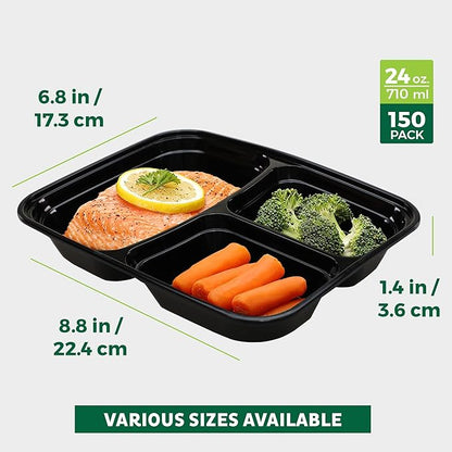 Freshware Meal Prep Containers [150 Pack] 3 Compartment with Lids, Food Storage Containers, Bento Box, BPA Free, Stackable, Microwave/Dishwasher/Freezer Safe (24 oz)