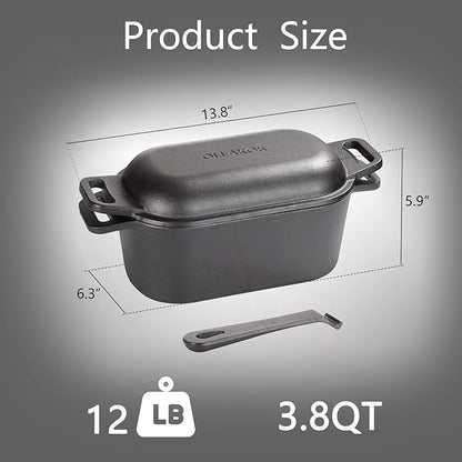 2-in-1 Pre-Seasoned Cast Iron Dutch Oven Pot with Lid as Skillet, Grill Pan, with Lid Lever, Dual Loop Handles, Oval Heavy Dutch Oven for Bread Baking, Frying, Camping, BBQ, 3.8 QT Black