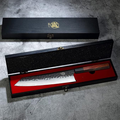 MITSUMOTO SAKARI Kiritsuke Chef Knife 9 inch - Hand Forged Japanese Kitchen Knives, 3-Layer 9CR18MOV High Carbon Steel, Rosewood Handle & Sandalwood Box