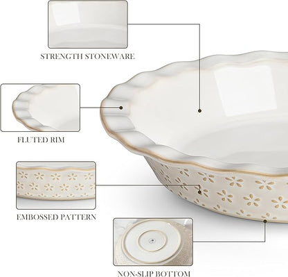MALACASA 9 Inch Pie Pan, Embossed Deep Dish Plate, 45 OZ Round Quiche Baking Dish for Oven, Fluted for Apple Pie and Quiche, Set of 2, Series LYDIA