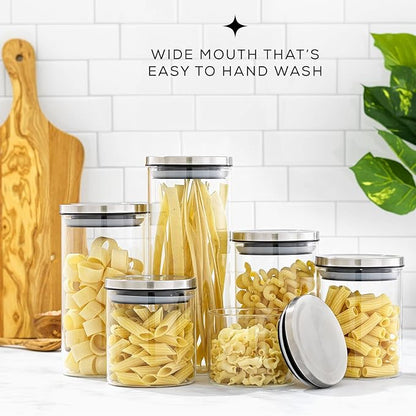 JoyJolt Kitchen Canister Set. 6 Glass Jars with Lids (Stainless Steel) Lids. Airtight Food Storage Containers for Pantry or Counter. Versatile Pantry Organization, Sugar Container or Cereal Canisters