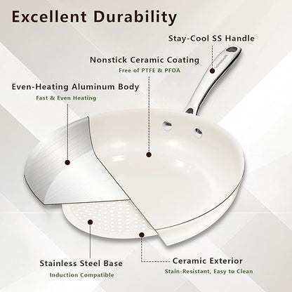 11" Ceramic Frying Pan Nonstick, Skillet, Cooking Pan Non Toxic with Stay Cool Handle for Induction, Chef's Pan, PTFE & PFAS & PFOA Free, Dishwasher/Oven Safe, White