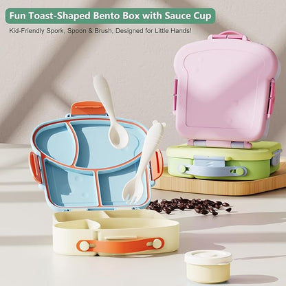 Kids Bento Lunch Box - Toast-Shaped 4-Compartment Lunchable Food Container with Sauce Cup, Utensils & Brush, BPA-Free, Reusable Snack Container with lid, Ideal for School & Travel - Blue