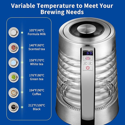Electric Kettle, 1.8L Temperature Control Hot Water Boiler, No Plastic Contact with Water, Automatic Shutoff, Keep Warm, Cordless with LED Light for Tea Coffee