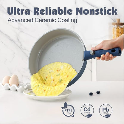 SENSARTE 17 Piece Ceramic Pots and Pans Set, Nonstick Detachable Handle Cookware, Induction Kitchen Cookware Set with Removable Handle, Dishwasher ＆ Oven Safe (Navy)