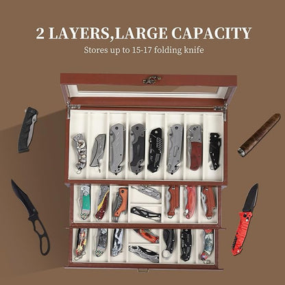 AUTOARK 3-Tier PU Leather & Velvet Knife Organizer with 26 Slots,Transparent Glass Top & Drawer,Compact Storage for Pocket Knives,Ideal for Men's Collections & Gifts,Brown,MKAW018