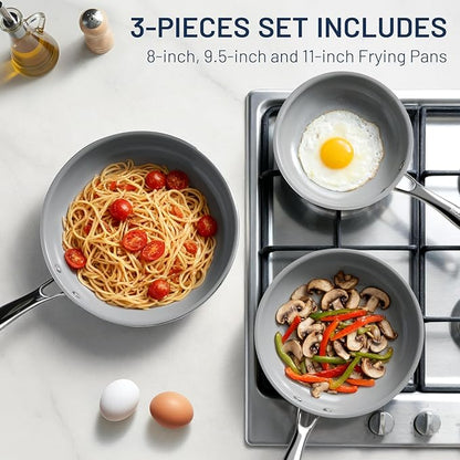 Kikcoin Ceramic Nonstick Frying Pan Skillets - 3 Sizes Omelette Pans for Healthly Cooking, 8+9.5+11 Inch Egg Pan with Stay Cool Handle, Free of PFAS PFOA PTEE, Oven/Dishwasher Safe for Busy Kitchen