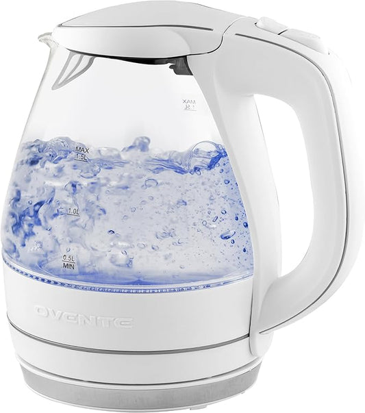 OVENTE Electric Kettle, 1.5L Borosilicate Glass Countertop Water Heater and Boiler for Coffee or Tea, BPA-Free, Auto Shut-Off, Boil-Dry Protection, Removable and Washable Spout Filter, White KG83W