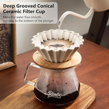 Bincoo 400ML Pour Over Coffee Maker Set with Filter Paper,Ceramic Coffee Dripper with Wood Stand Set for 1-2 Cups-Professional Brewing Tools for Pour Over & Drip for Home Office (Black)