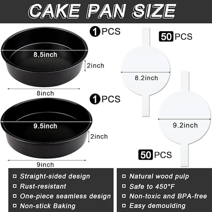 Round Cake Pans Set of 2, Non-stick Baking Cake Pan with 100 Pieces Parchment Paper, Dishwasher Safe Cake Baking Pans (8+9 Inch)