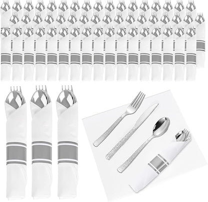 WELLIFE 400PCS Silver Plastic Silverware, Pre Rolled Silverware Set Disposable,Plastic Cutlery Includes: 100 Forks, 100 Knives, 100 Spoons, 100 Napkins, Cutlery Set Disposable