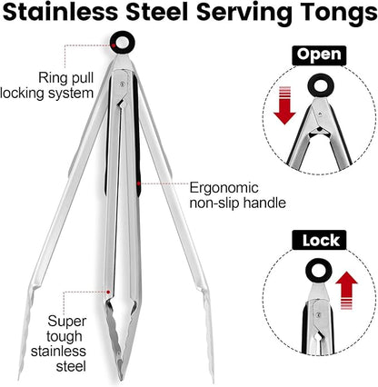 CHENGU 12 Pack Stainless Steel Kitchen Tongs 5/6/7 Inches Food Serving Clip Kitchen Cooking Tongs High Heat Resistant Clips for Cooking Non Stick Grill Salad (Black and Silver, Regular)