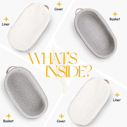Banneton Bread Proofing Basket - Cotton Oval Banneton Basket Set of 2 Sourdough Proofing Baskets Round Proofing Bowls Handmade Rattan Baskets and Liners