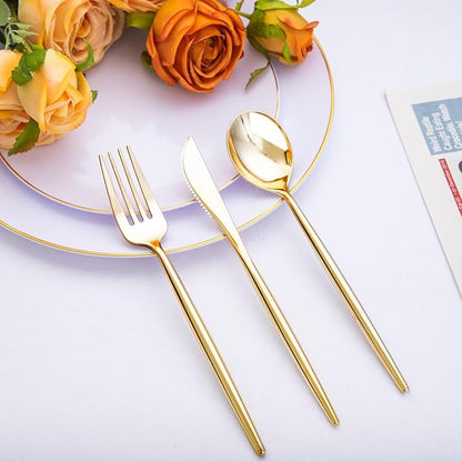 SUT 300 Pcs Gold Plastic Cutlery, Gold Utensils Disposable, Gold Plastic Silverware Set Include 100 Gold Plastic Forks, 100 Gold Plastic Spoons, 100 Gold Plastic Knives Heavy Duty Flatware for Party