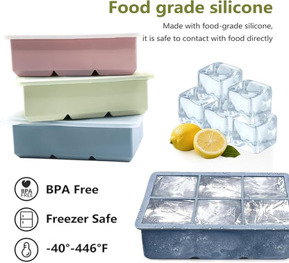 Ice Cube Trays for Freezer 3-Pack - Large Silicone Ice Cube Molds with Stainless Steel Ice Cube Holder Huge Square Ice Trays for Cocktails, Whiskey, and Brandy