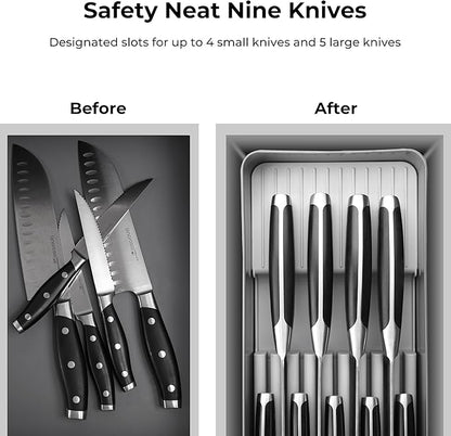 Linoroso Knife Drawer Organizer With In-Drawer Knife Block for 9 Knives, Kitchen Utensil Organizer, BPA Free Secure Storage Tray for Countertop Organization
