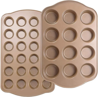 Nonstick Muffin & Cupcake Pan Set (2 Pack) - 12 Cup Regular + 24 Cup Mini Muffin Tins | Heavy Duty Gold Carbon Steel, Rust-Resistant, Easy Release