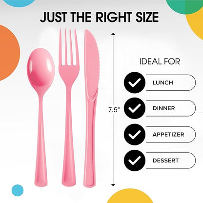 Party Solids Pink Plastic Silverware Heavy Duty 150 Pieces Pink Plastic Cutlery Sets, Utensil Sets, 50 Of Each Forks, Knives & Spoons Disposable Cutlery Set, Flatware Set For Party Supplies