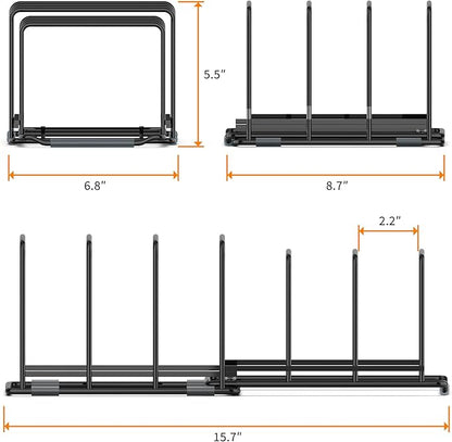 Adjustable 2.2in Pan Organizer Rack - for Pots,Pans,Cutting Boards,Cookie Sheets & Muffin Pans with 6 Slots,Non-Slip