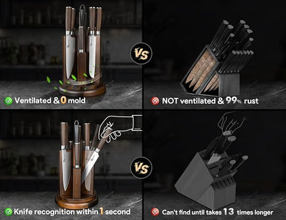 Kitchen Knife Set with Magnetic Block and Sharpener 14 Piece Knife Set 360° Rotatable Holder Ultra Sharp High Carbon Stainless Steel Knives Sets with Steak Knives, Anti-slip Ergonomical Handle