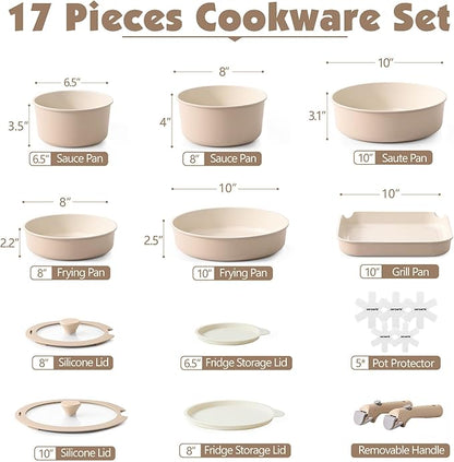 SENSARTE 17 Piece Ceramic Pots and Pans Set, Nonstick Detachable Handle Cookware, Induction Kitchen Cookware Set with Removable Handle, Dishwasher ＆ Oven Safe (Almond Beige)