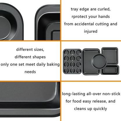Kitchen 5-Piece Nonstick Bakeware Set - Round/Square Cake Pans, Muffin Pan, Loaf Pan, Roast Pan & Baking Sheets