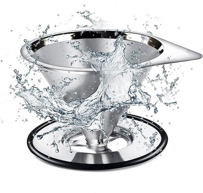 LHS Pour Over Coffee Dripper Stainless Steel Coffee Filter Metal Cone Filter Paperless Reusable Coffee Filter Single Cup Coffee Maker 1-2 Cup With Non-slip Cup Stand and Cleaning Brush
