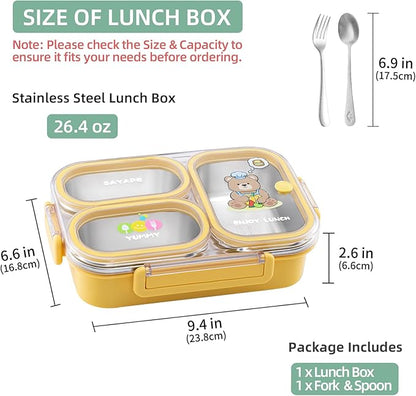 Stainless Steel Bento Lunch Box for Kids, 26.4 oz Leak-Proof 3-Compartment Metal Bento Box, BPA-Free, Cute Cartoon Meal Prep Snack Container with Utensils for School, Office, Travel - Yellow