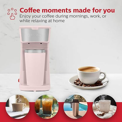 Holstein Housewares Personal Coffee Maker with 14oz Travel Mug – Compact One-Touch Brew Machine with Reusable Filter, Auto Shut-Off, Non-Stick Plate, Ideal for Home, Office, or Dorm. Pink