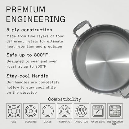 Made In Cookware - 10 Quart Stainless Steel Rondeau Pot w/Lid - 5 Ply Stainless Clad - Professional Cookware - Crafted in Italy - Induction Compatible