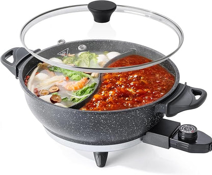 TWIN™ Electric Hot Pot with Divider | EvenHeat Cast Aluminum Non-Stick Pot for No-Spot Cooking | 1500W Fast Heating | 4.5QT Dual-Flavor Shabu Shabu Pot for Family Use | 1-Yr Warranty