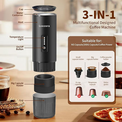 Leozora 20Bar Portable Espresso Machine, 7500mAh USB-C Rechargeable, 3-in-1 for Ground Coffee & Nespresso/DG Capsules, Stainless Steel Travel Coffee Machine for Camping, Car, Office,Black
